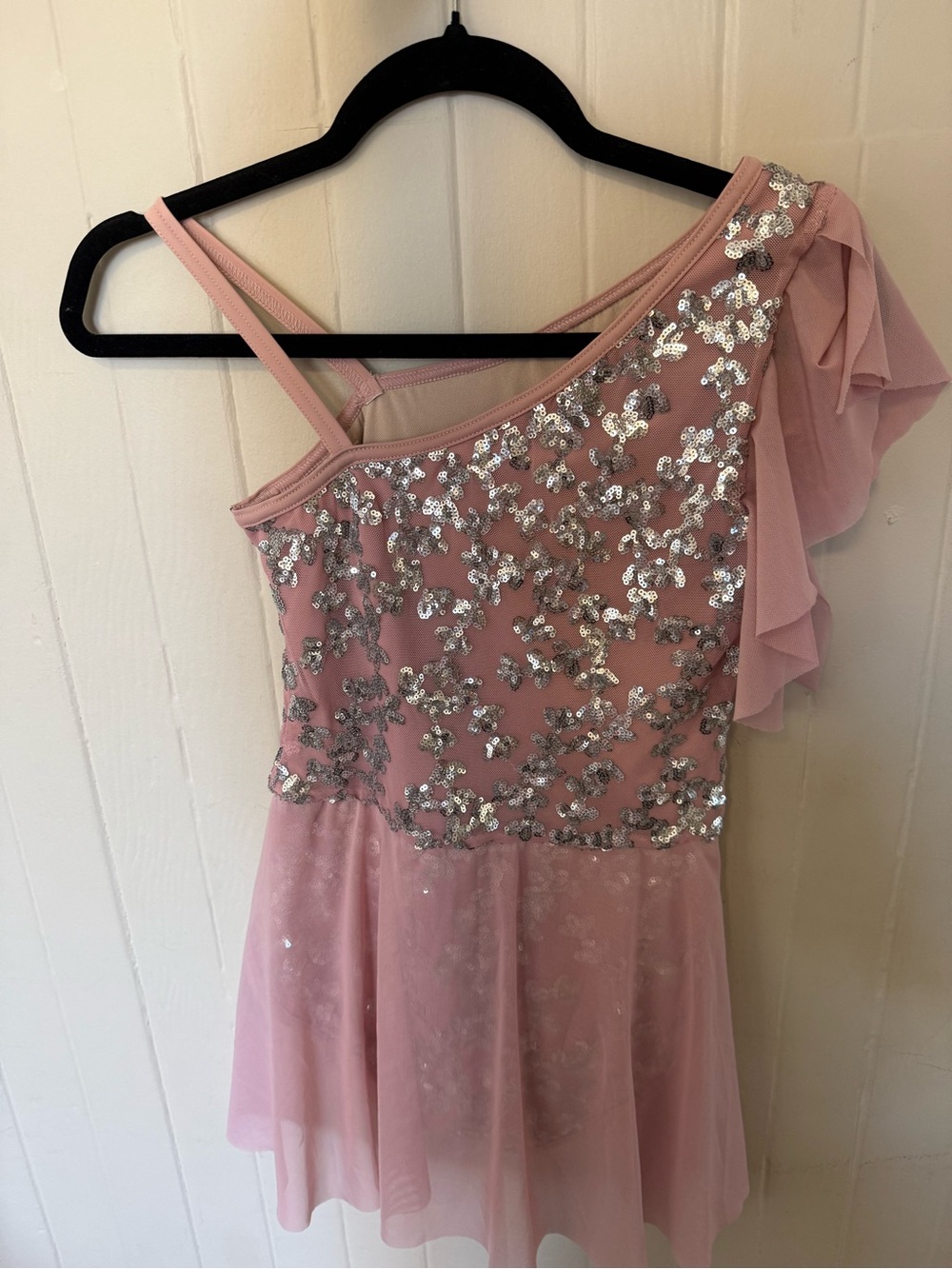 Girls Pink Sequin One-Shoulder Dance Dress